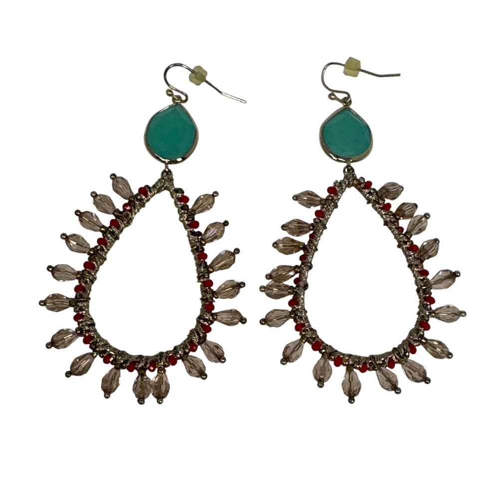 Boho Turquoise Champagne Crystal Beaded Teardrop Dangle Earrings‎ Statement Hoop